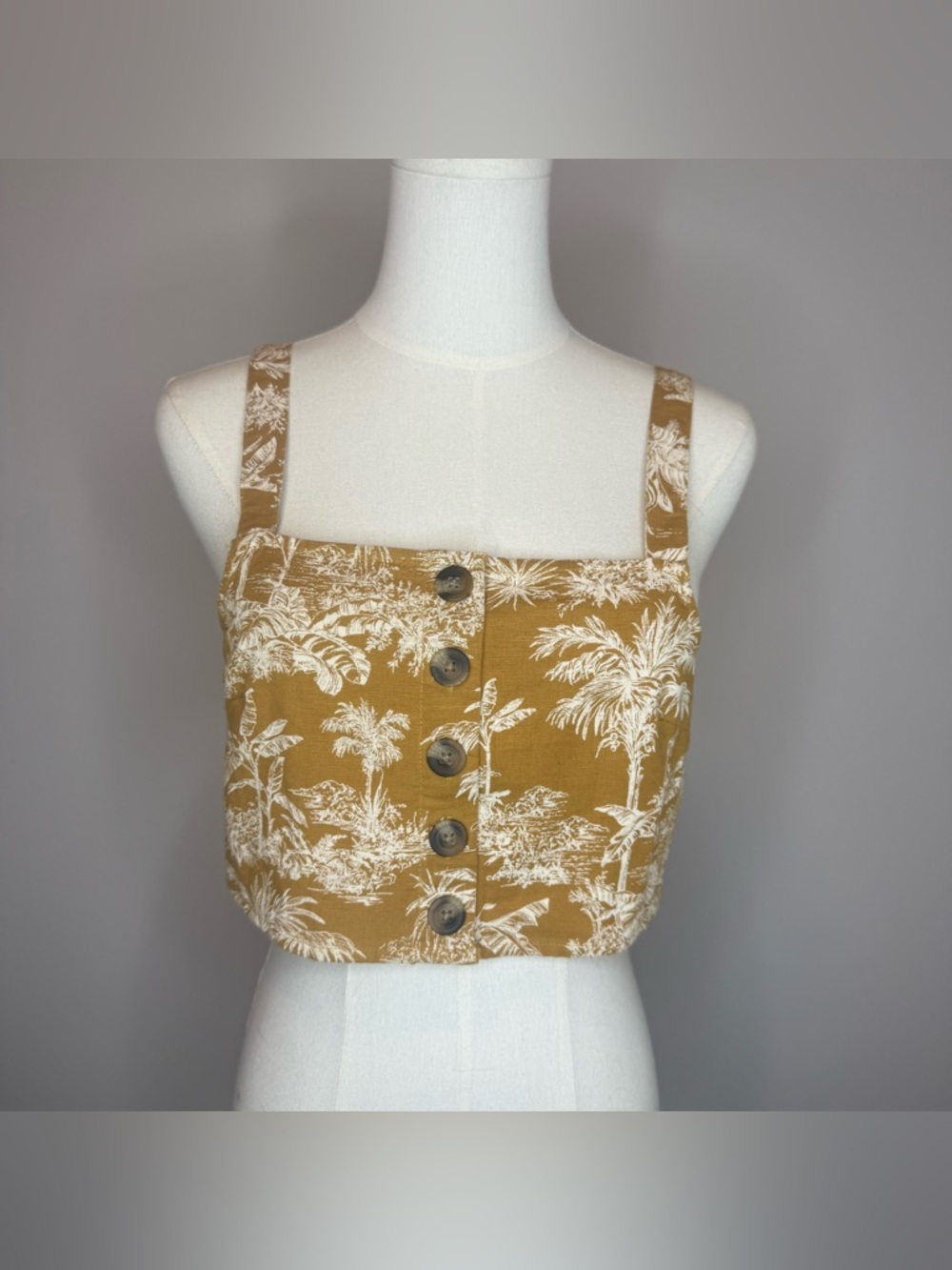 American Eagle Outfitters Mustard Floral Button-Front Crop Top